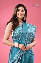 Viridian green white thread gujrati stitched saree woman teal blue silk saree 2