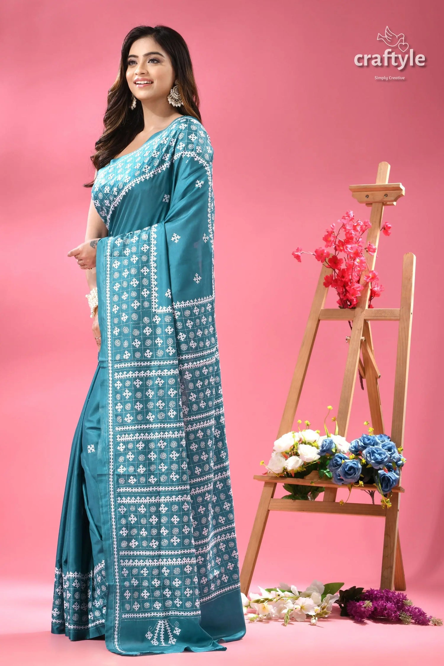 Viridian green white thread gujrati stitched saree teal silk saree white embroidered 3