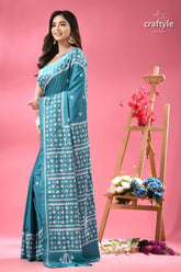 Viridian green white thread gujrati stitched saree teal silk saree white embroidered 3