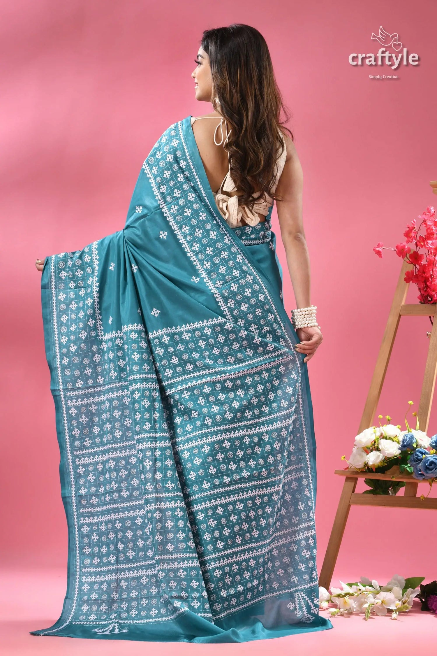 Viridian green white thread gujrati stitched saree teal blue saree white embroidered 4