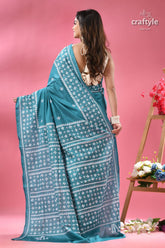 Viridian green white thread gujrati stitched saree teal blue saree white embroidered 4