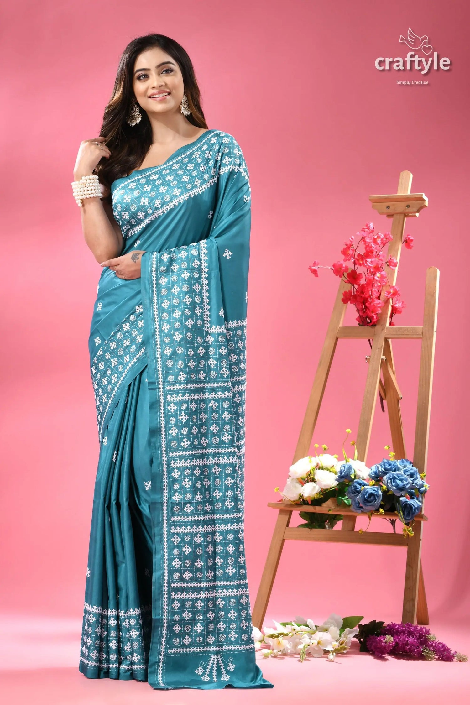 Viridian green white thread gujrati stitched saree teal blue saree white embroidered 6