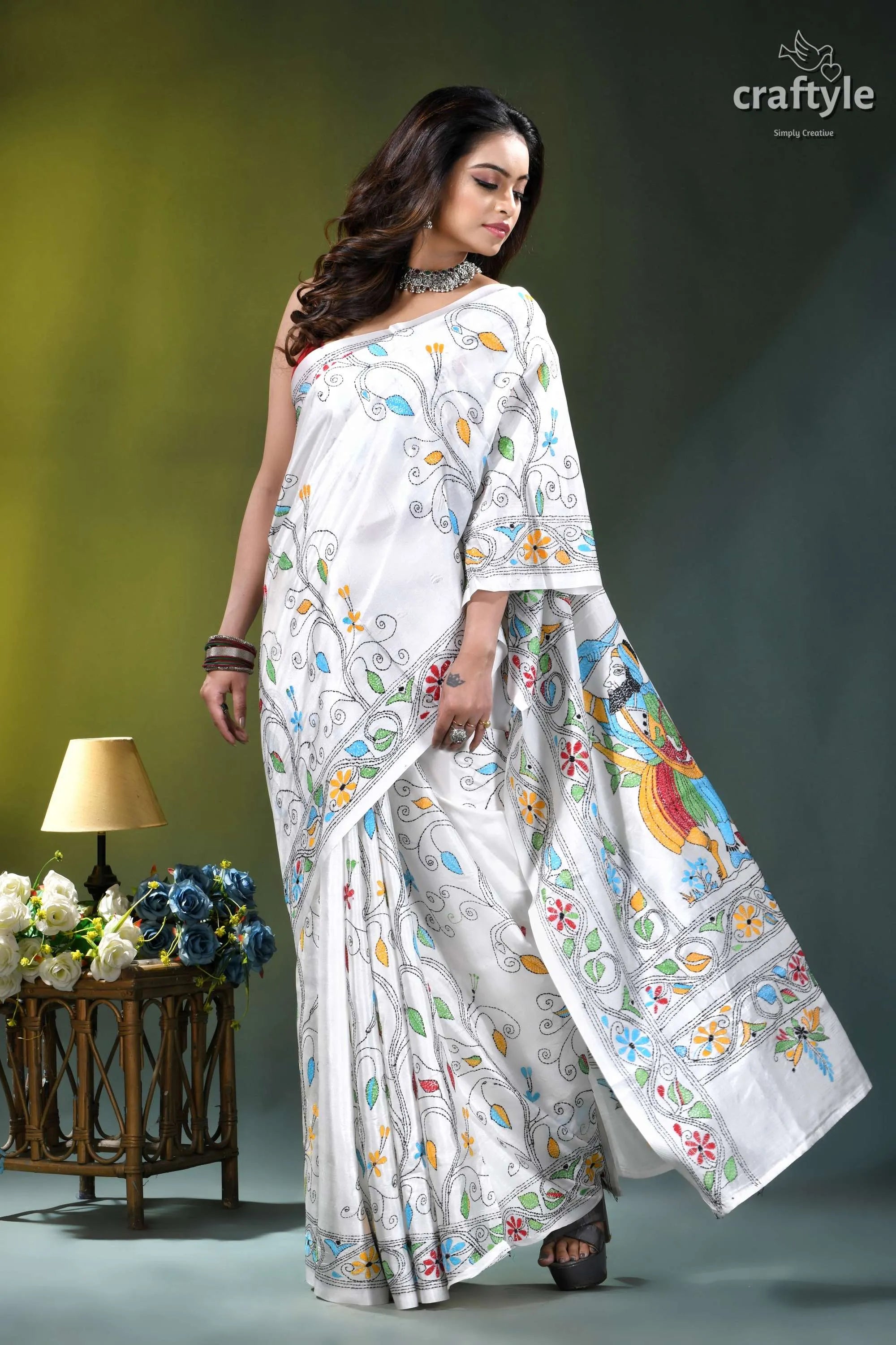 Vista white baul motif bengal heritage silk kantha saree white saree intricate colorful floral 5