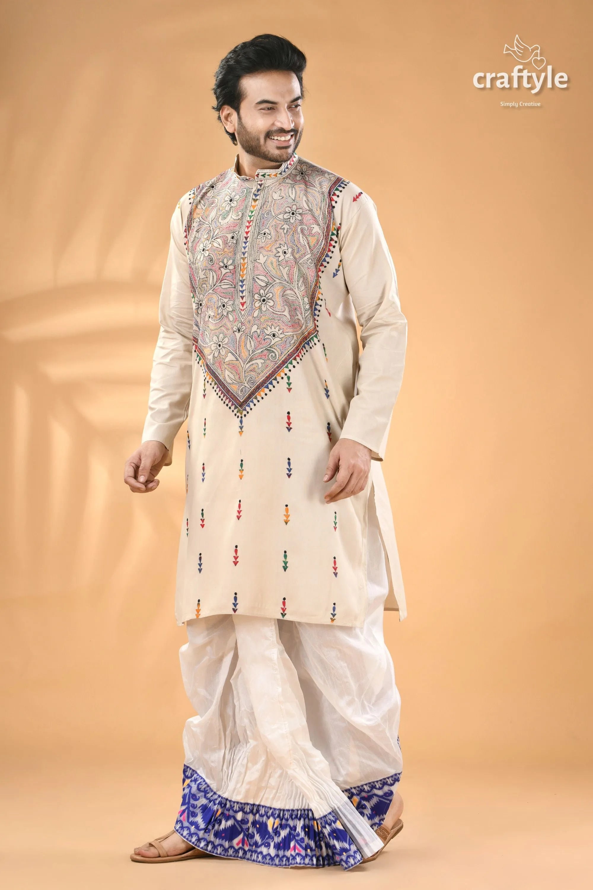 Vista white kantha embroidery mens cotton kurta - reverse stitch men’s cream-colored kurta intricate embroidery 3