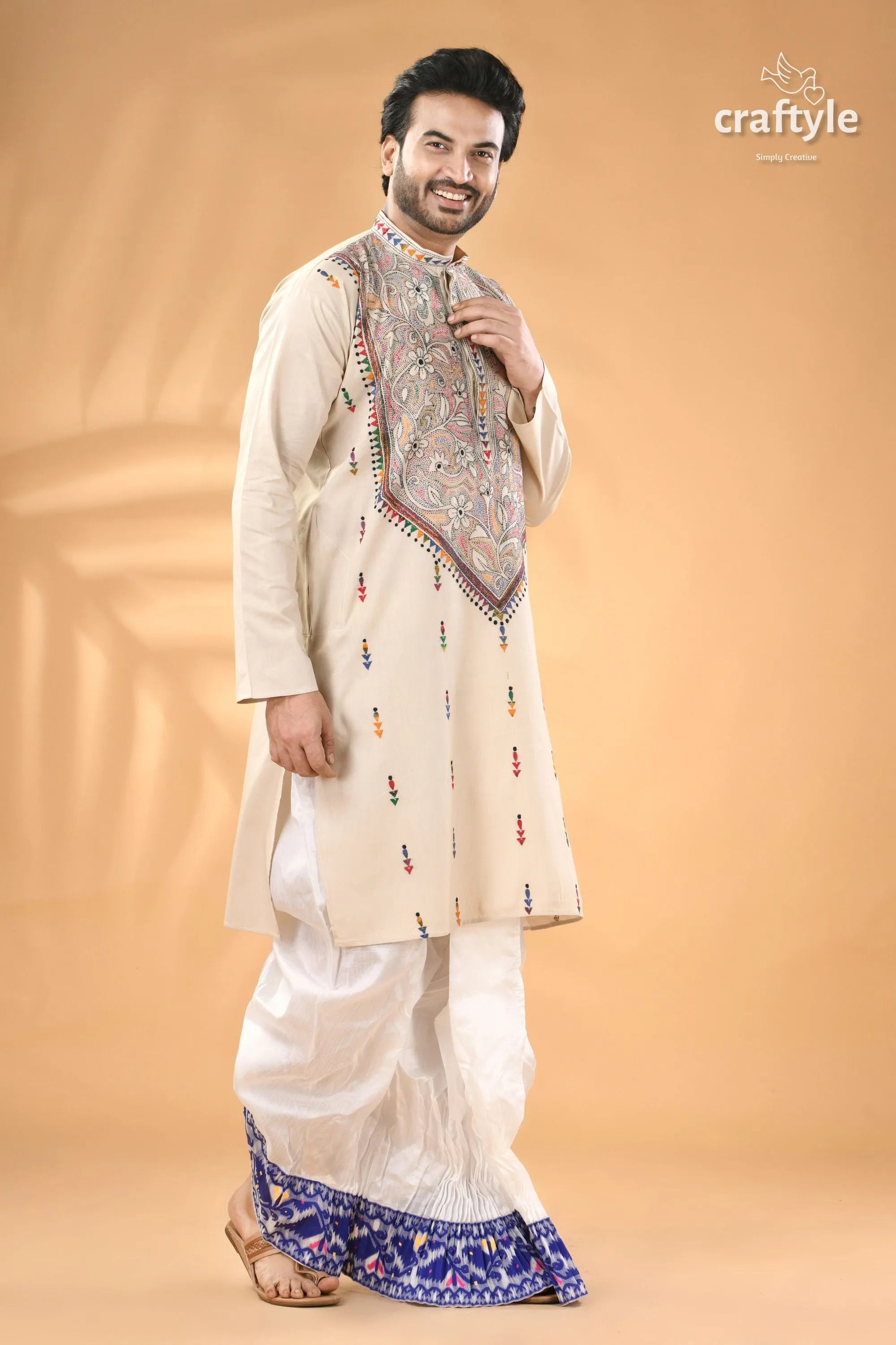 Vista white kantha embroidery mens cotton kurta - reverse stitch men’s embroidered beige kurta white 4