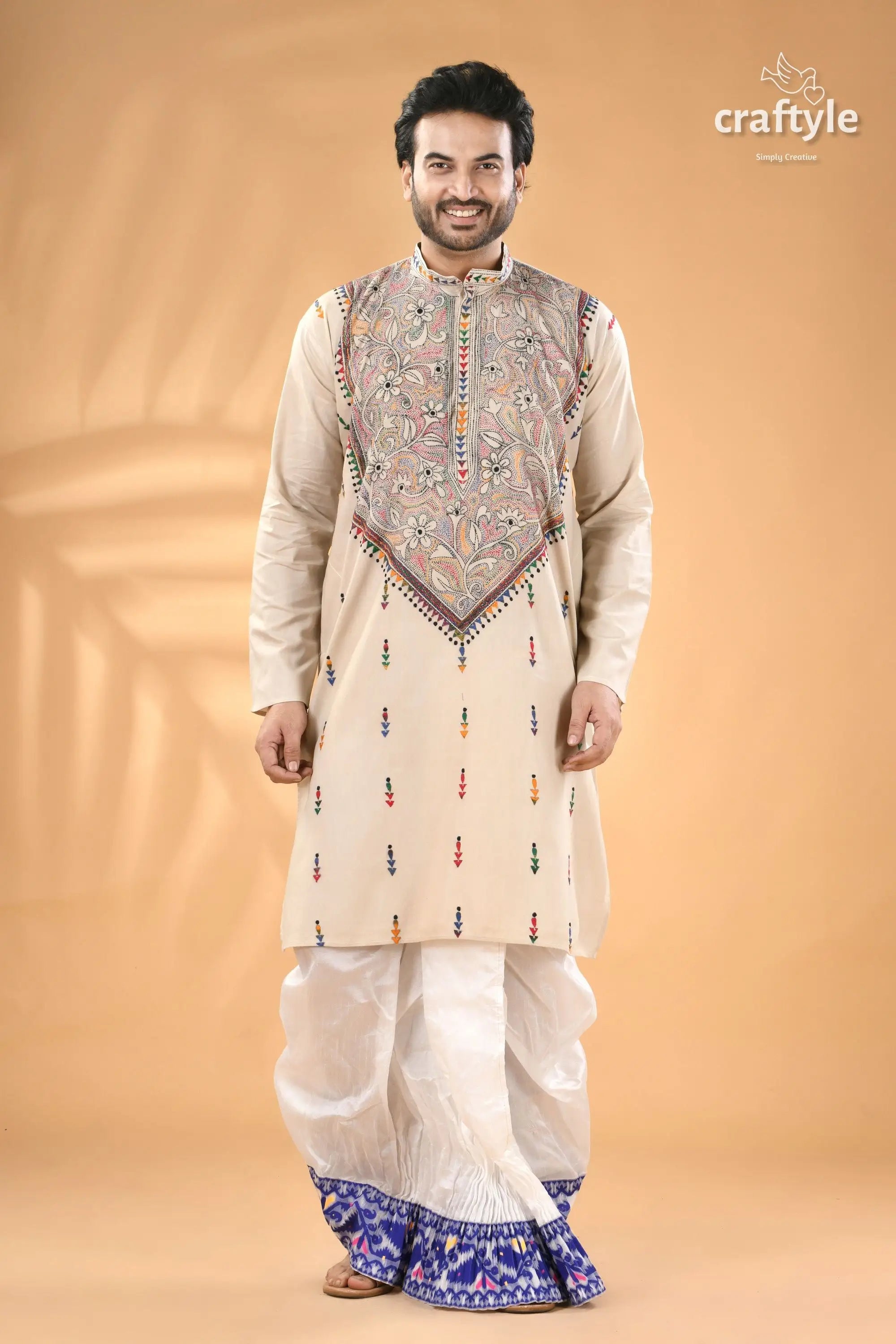 Vista white kantha embroidery mens cotton kurta reverse stitch men’s beige traditional kurta intricate 5