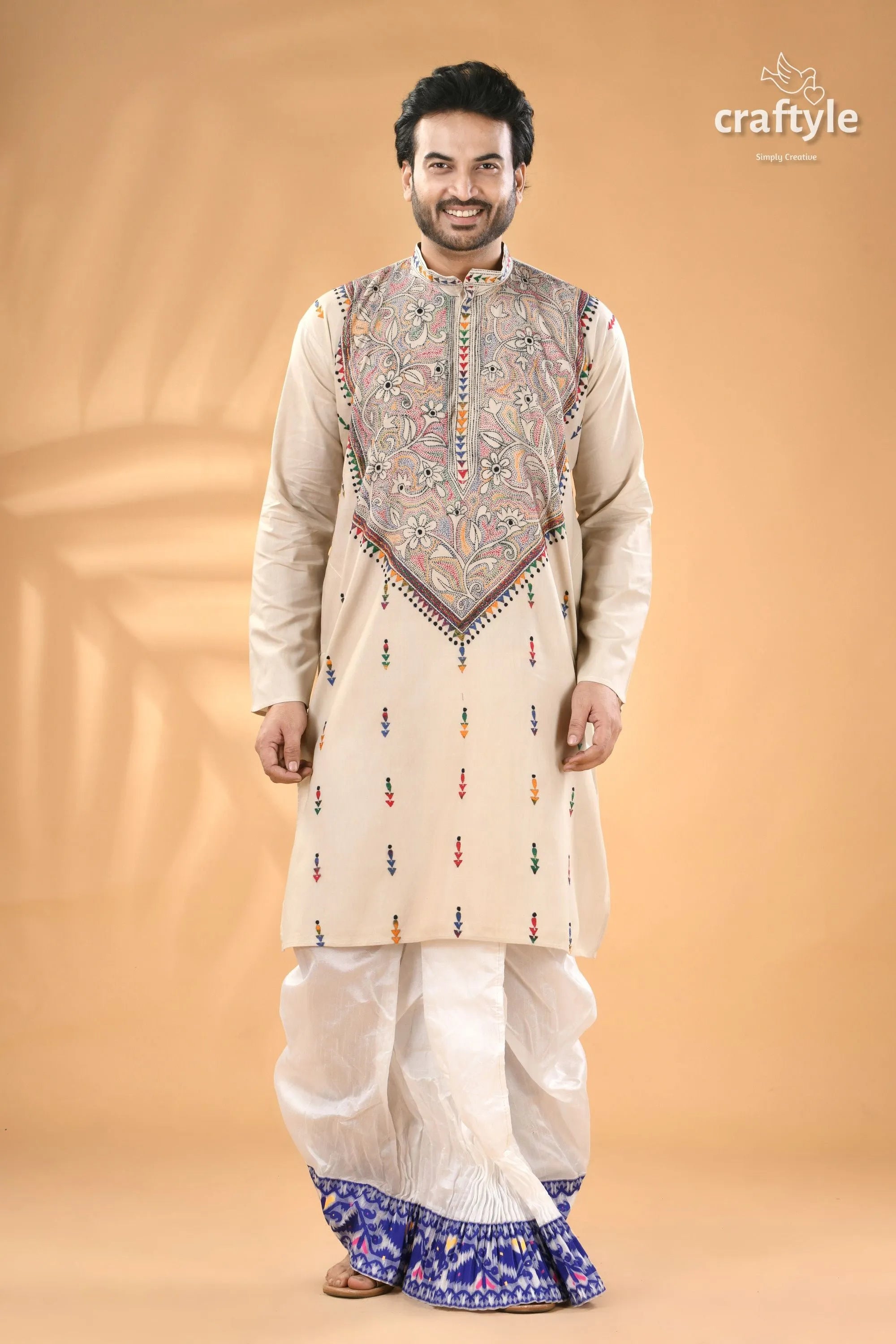 Vista white kantha embroidery mens cotton kurta - reverse stitch men’s beige traditional kurta intricate 5