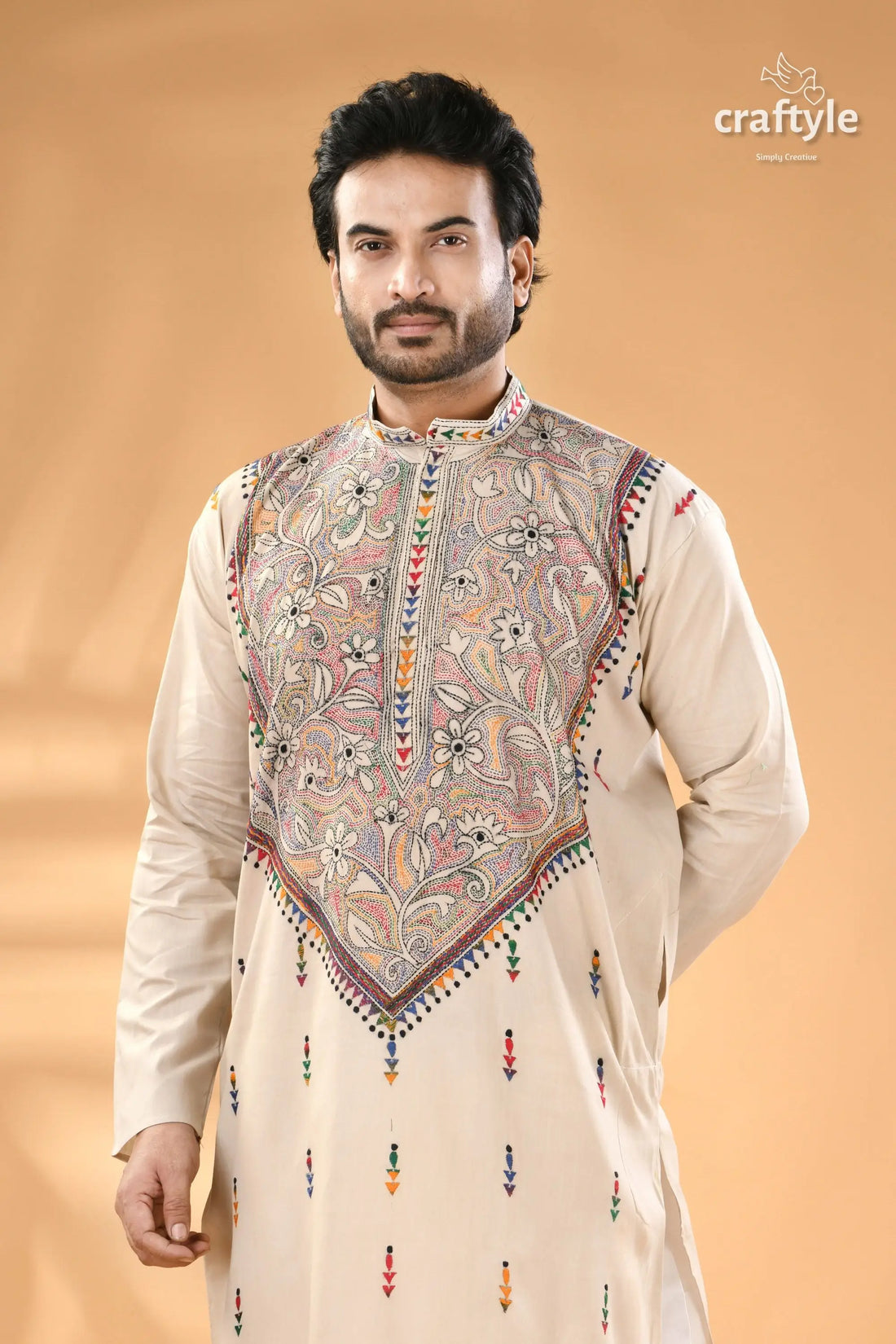 Vista white kantha embroidery mens cotton kurta reverse stitch men’s beige kurta intricate floral 2