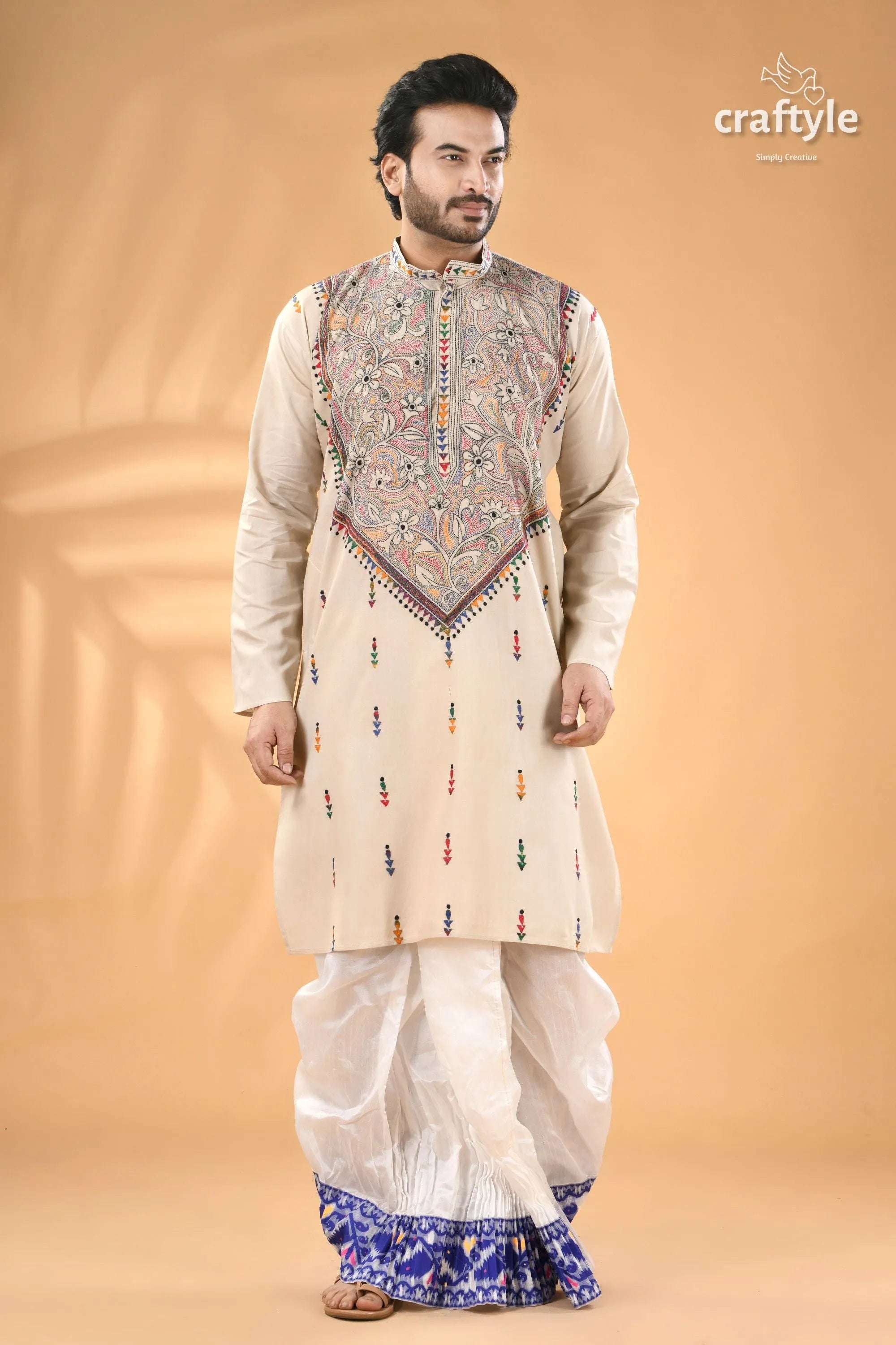 Vista white kantha embroidery mens cotton kurta - reverse stitch men’s beige kurta intricate embroidery 1