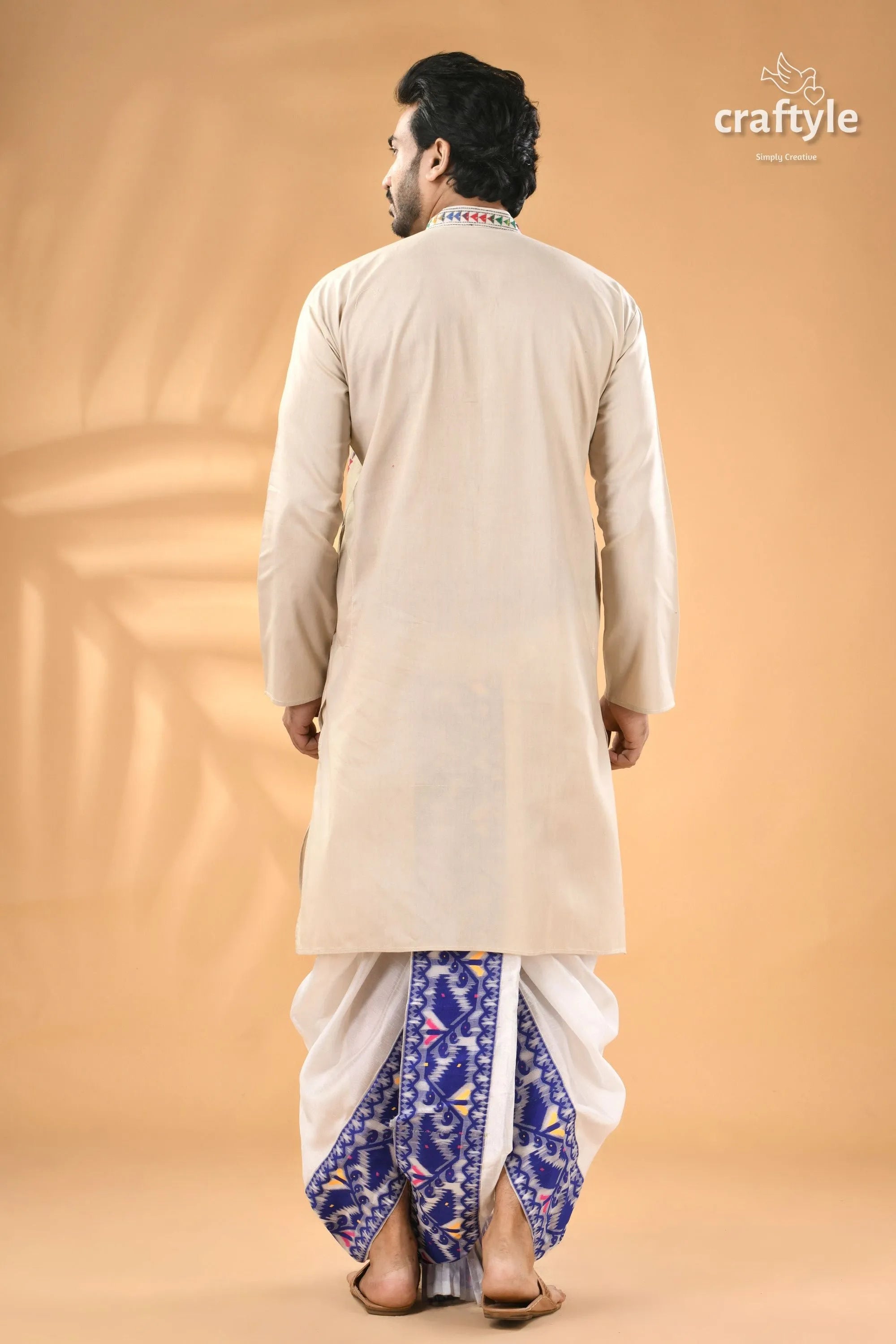 Vista white kantha embroidery mens cotton kurta - reverse stitch men’s beige kurta colorful embroidered 6