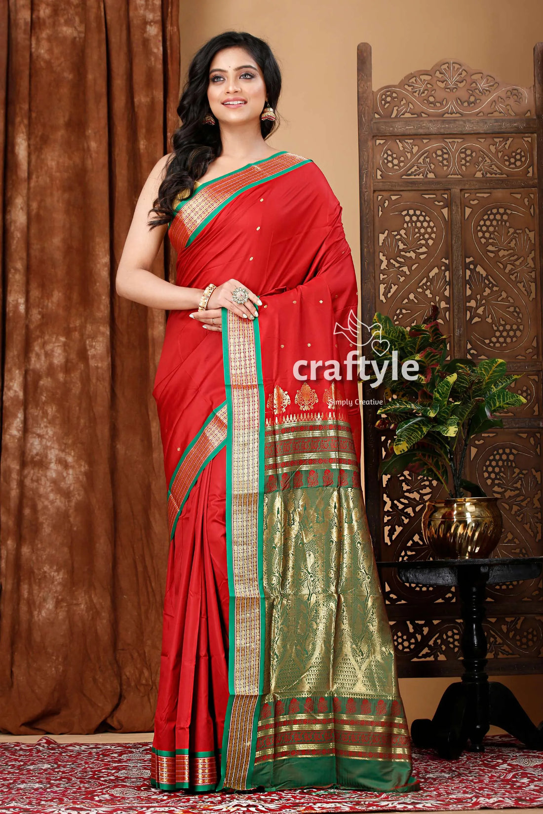 Vivid burgundy and green zari border bomkai silk saree red 1