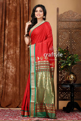 Vivid burgundy and green zari border bomkai silk saree red gold saree green border 3