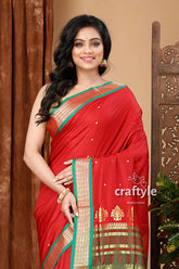 Vivid burgundy and green zari border bomkai silk saree red saree gold green border 2