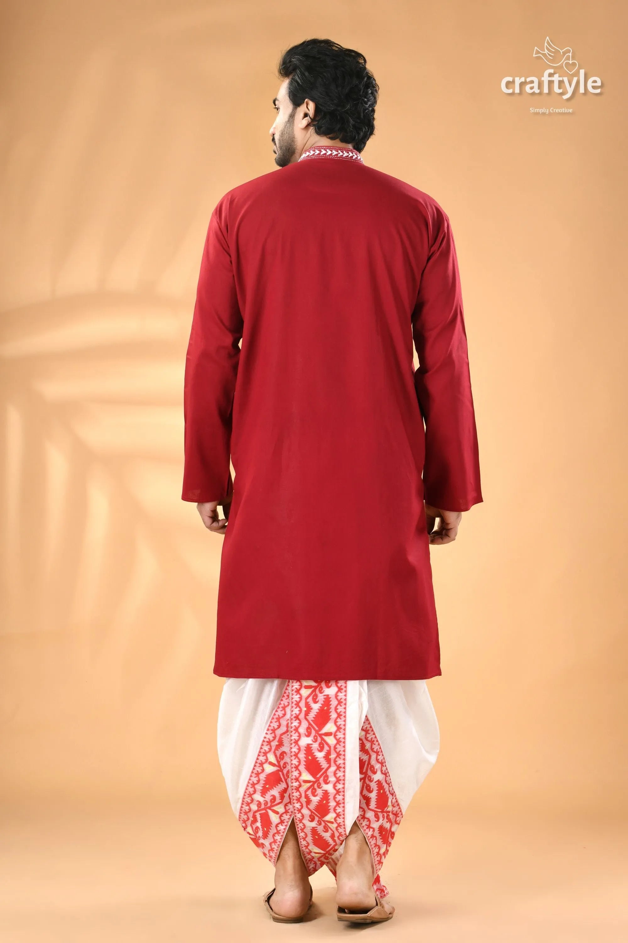 Vivid burgundy hand kantha embroidered mens cotton kurta men’s red neckline 6