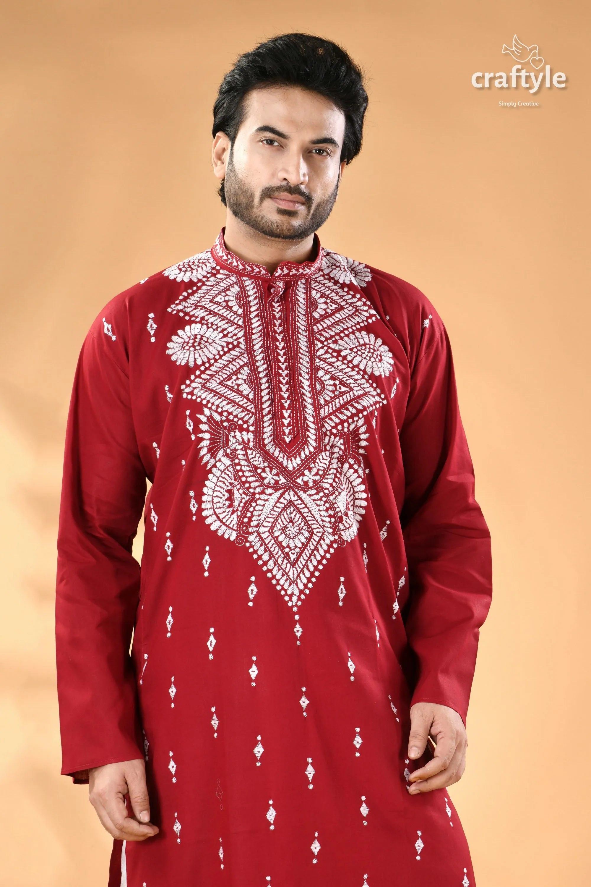 Vivid burgundy hand kantha embroidered mens cotton kurta men’s red 2