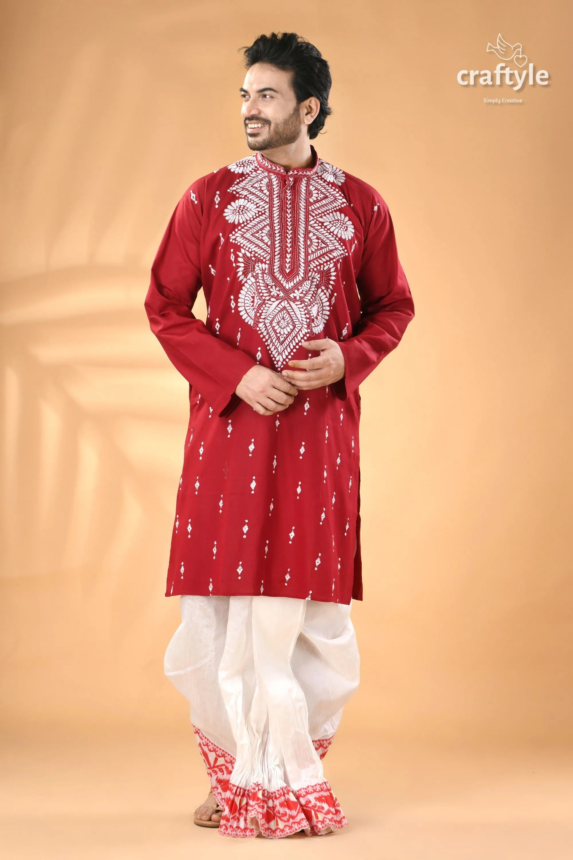 Vivid burgundy hand kantha embroidered mens cotton kurta red men’s white 1