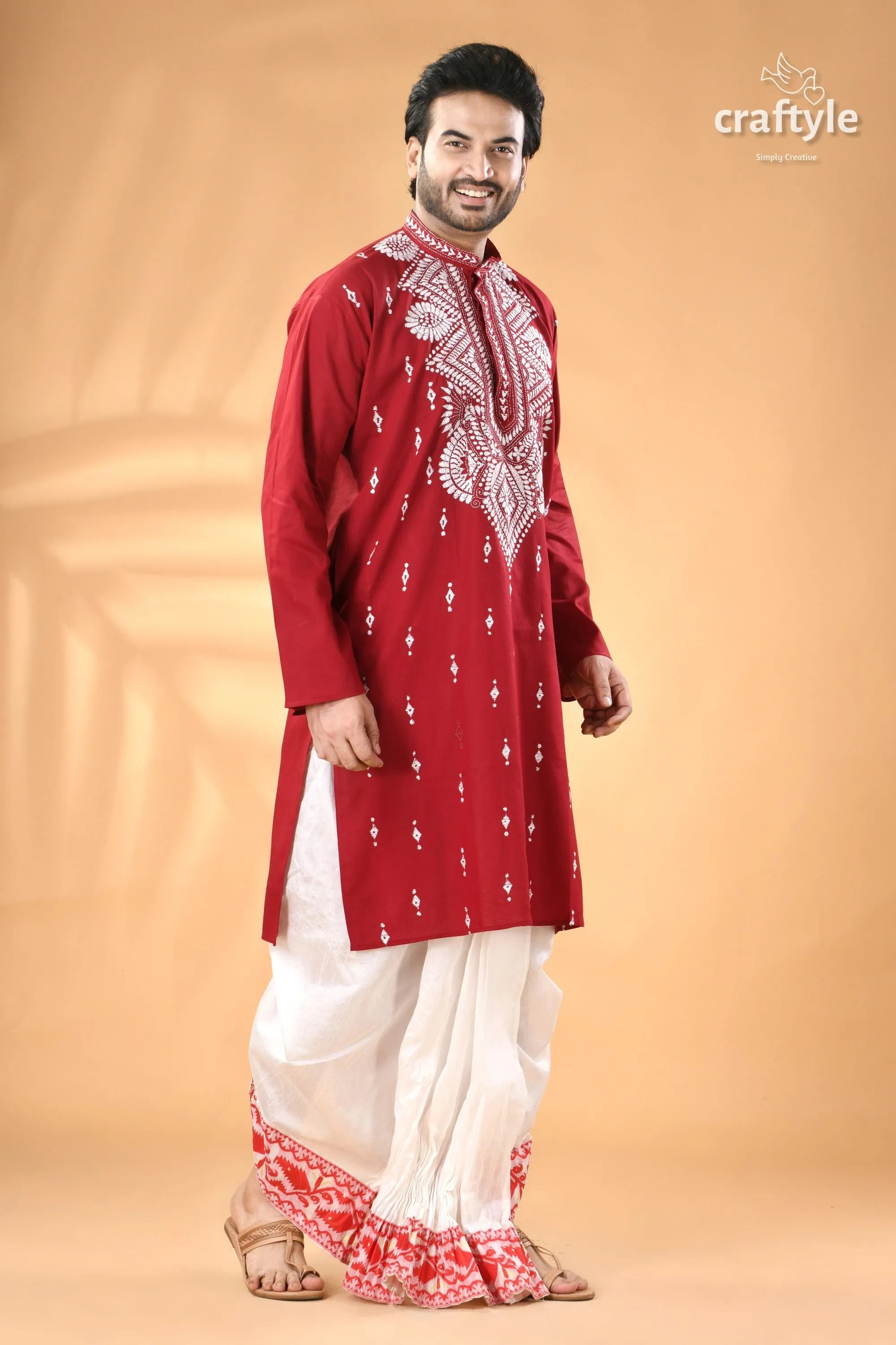 Vivid burgundy hand kantha embroidered mens cotton kurta men’s red white 3