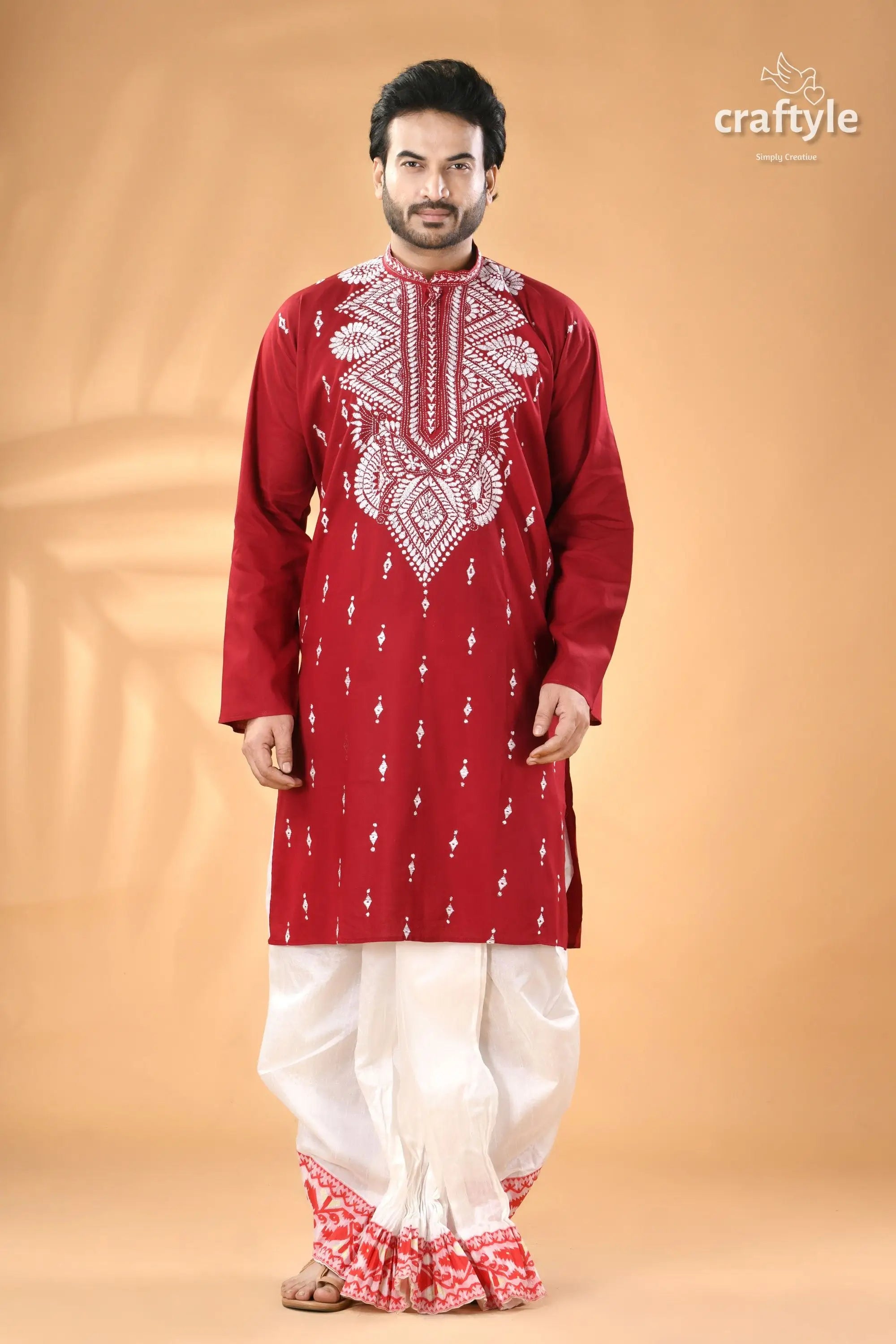 Vivid burgundy hand kantha embroidered mens cotton kurta men’s red embroidered kurta white 5