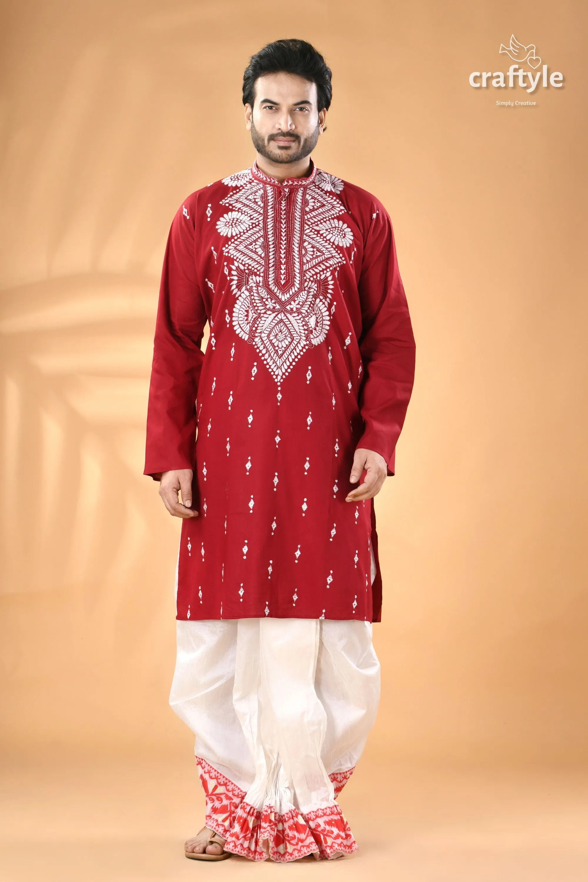 Vivid burgundy hand kantha embroidered mens cotton kurta men’s red white 5