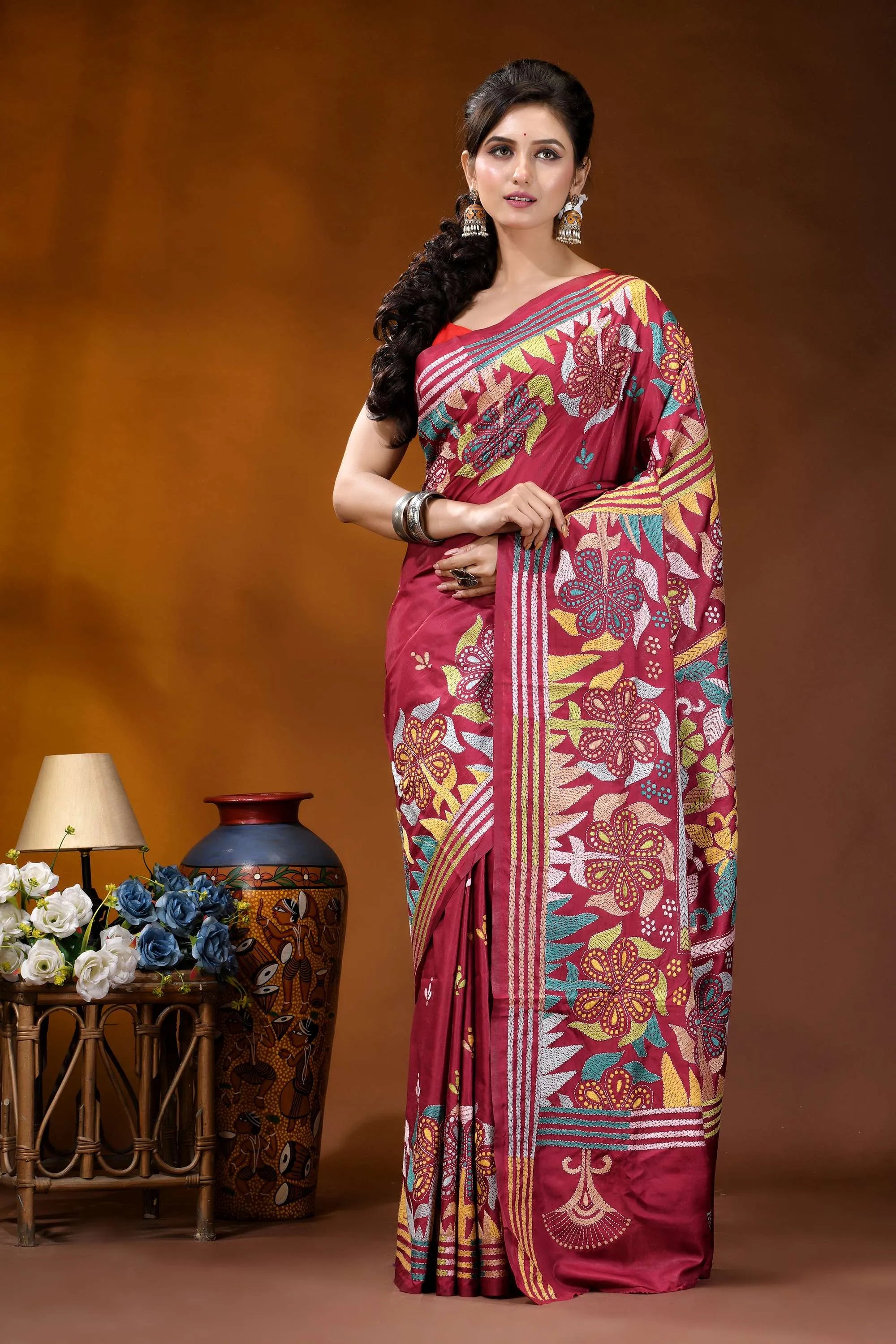 Vivid burgundy handmade silk kantha work saree - multithread floral design maroon silk saree intricate floral 6