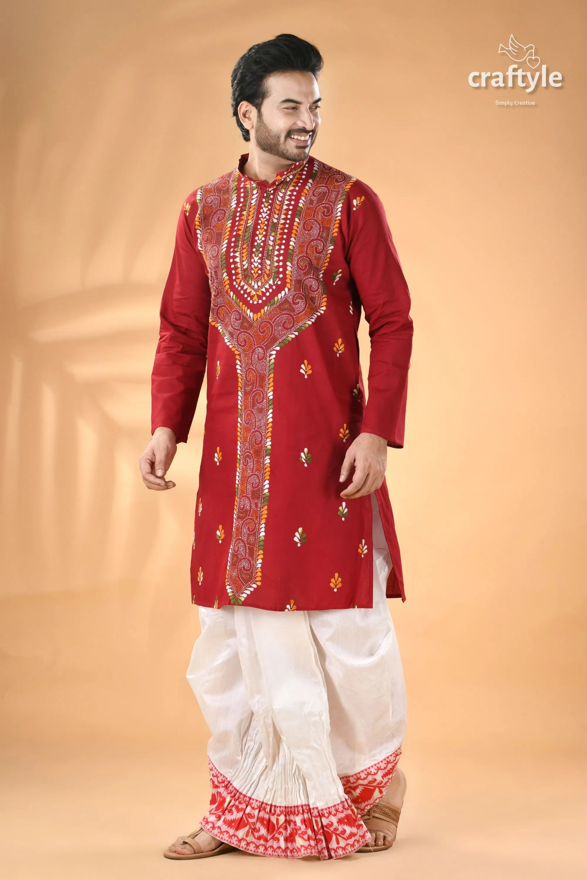 Vivid burgundy kantha stitch cotton panjabi for men men’s red embroidered kurta white 5