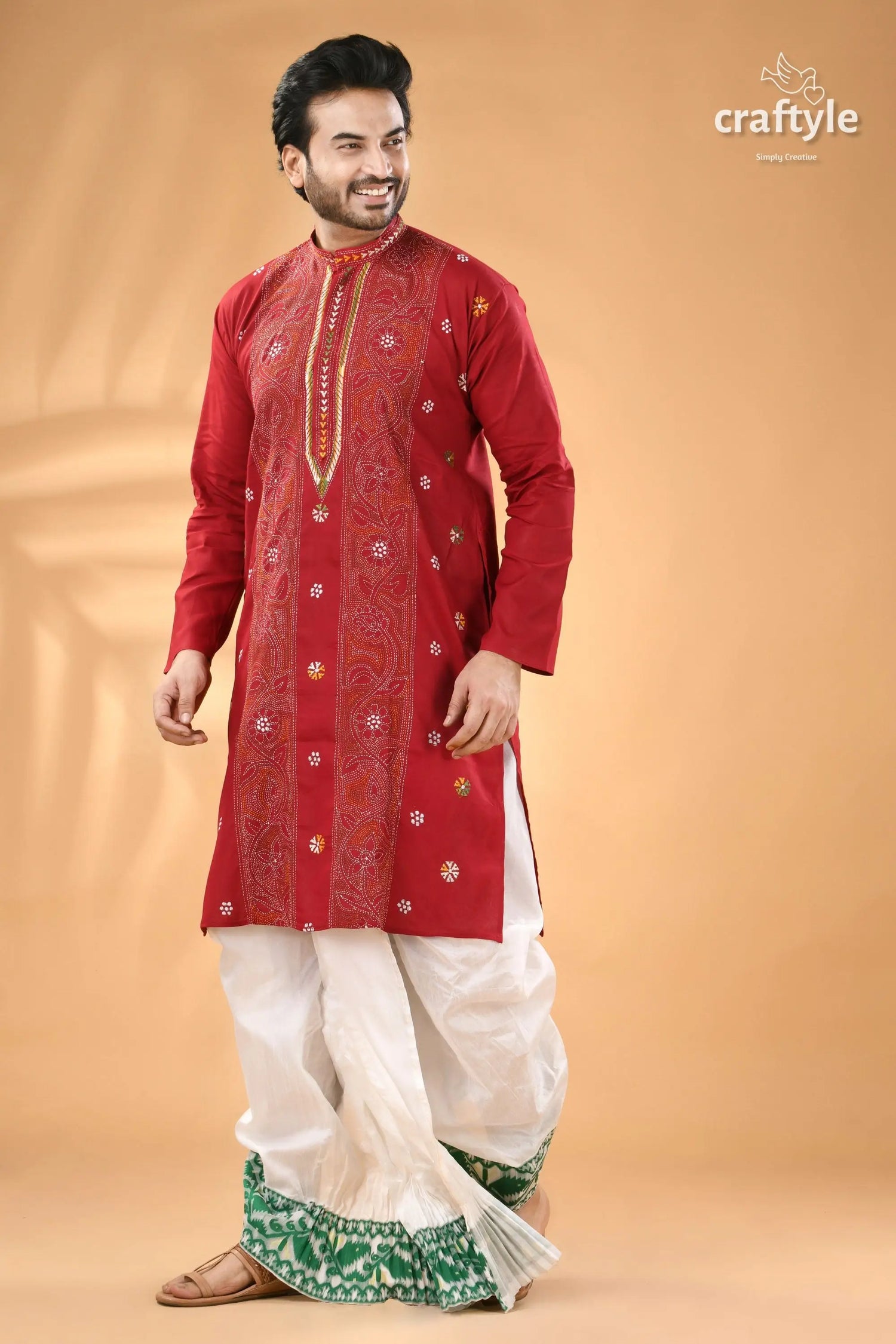 Vivid burgundy kantha stitch cotton panjabi for men men’s red embroidered kurta white 3