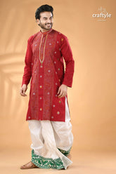 Vivid burgundy kantha stitch cotton panjabi for men men’s red embroidered kurta white 3