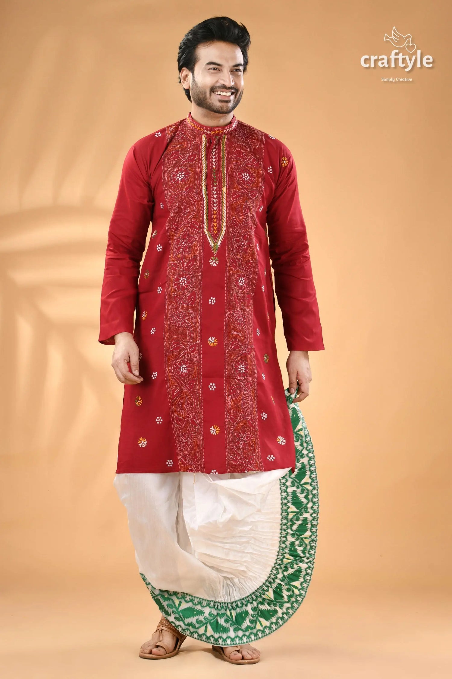 Vivid burgundy kantha stitch cotton panjabi for men men’s red embroidered kurta white 1