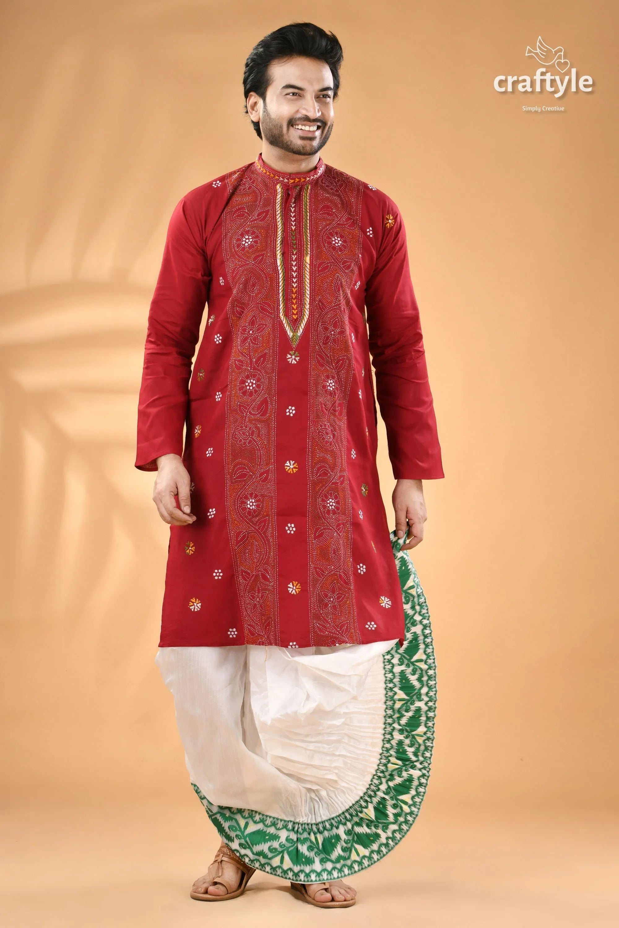 Vivid burgundy kantha stitch cotton panjabi for men men’s red embroidered kurta white 1