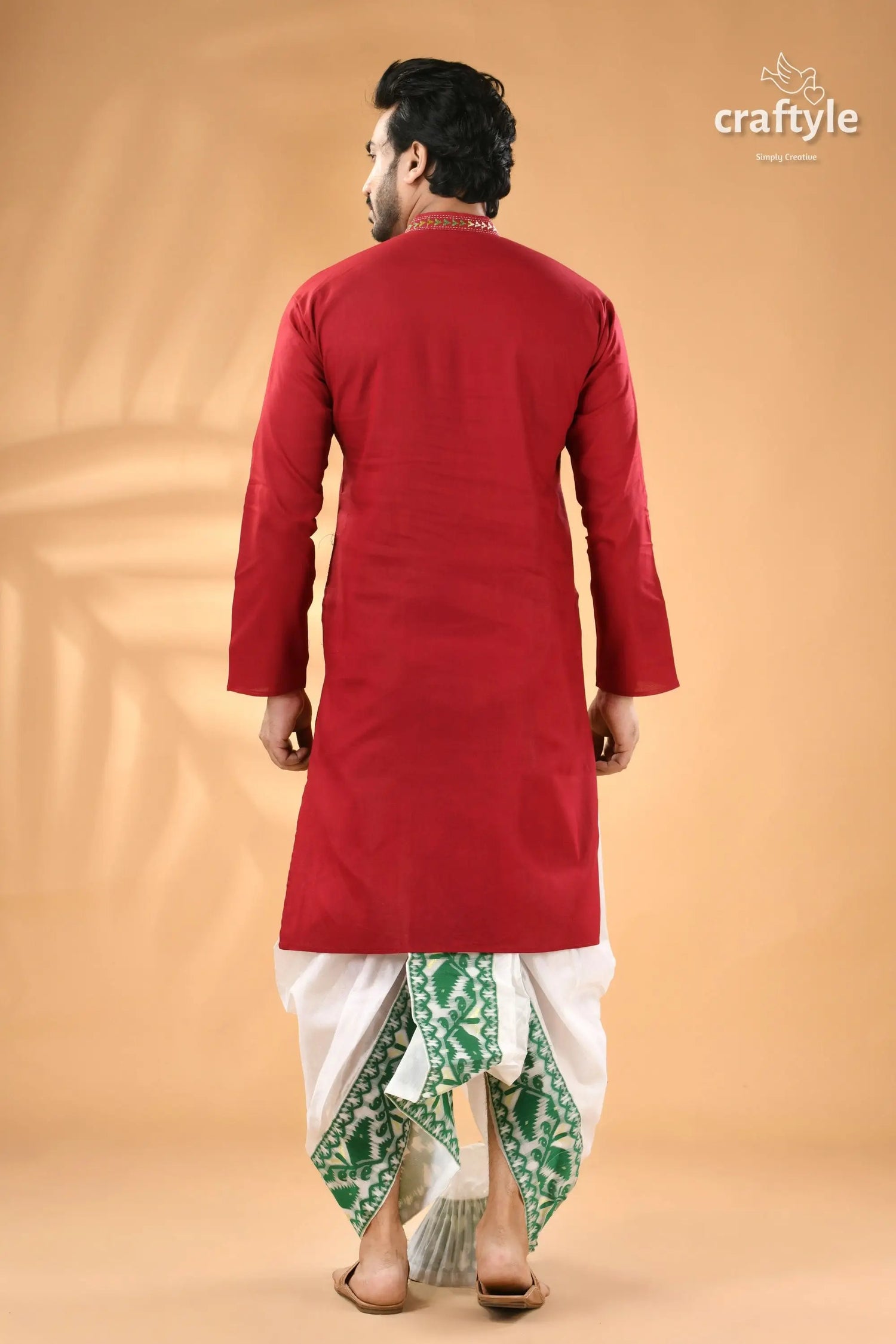 Vivid burgundy kantha stitch cotton panjabi for men man red kurta white green 7