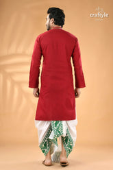 Vivid burgundy kantha stitch cotton panjabi for men man red kurta white green 7