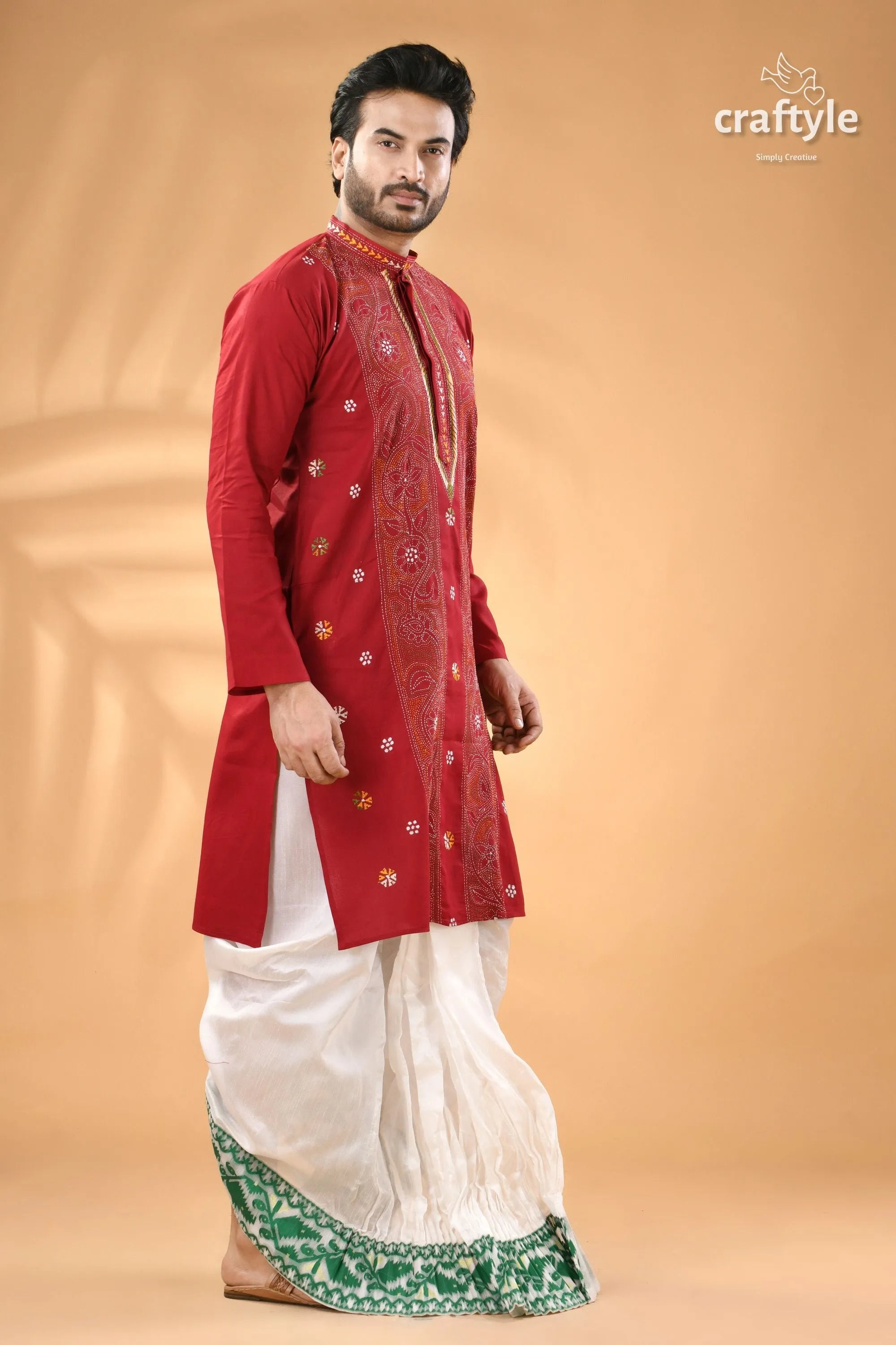 Vivid burgundy kantha stitch cotton panjabi for men men’s red embroidered kurta 5