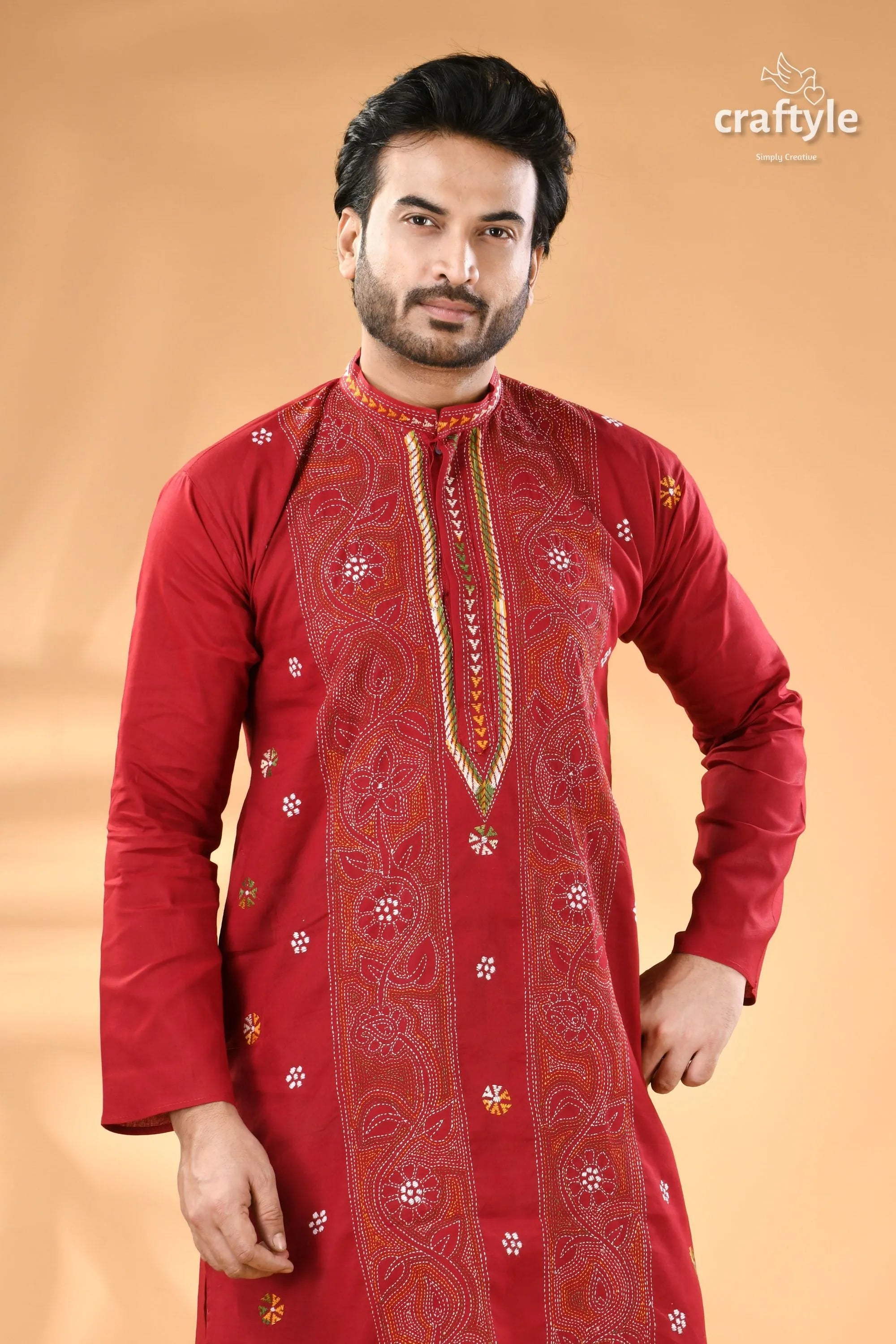 Vivid burgundy kantha stitch cotton panjabi for men men’s red embroidered kurta 2