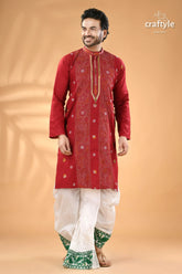 Vivid burgundy kantha stitch cotton panjabi for men men’s red embroidered kurta white 4