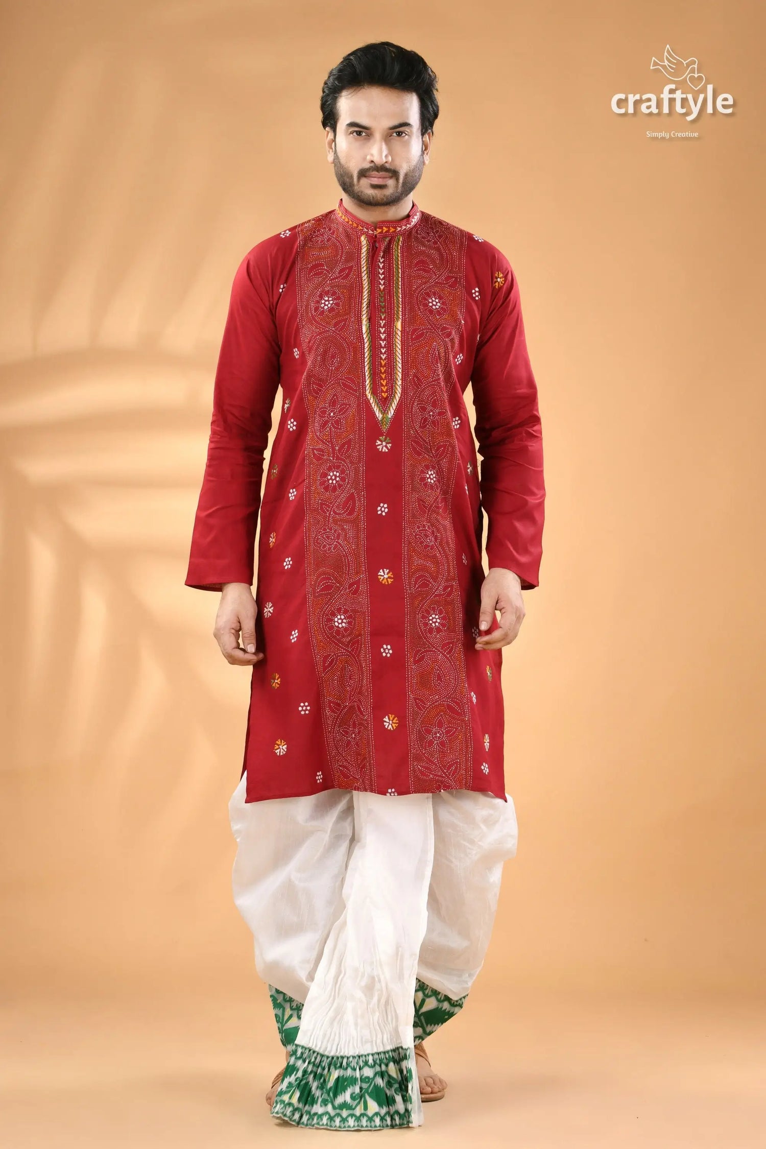 Vivid burgundy kantha stitch cotton panjabi for men men’s red embroidered kurta white 6
