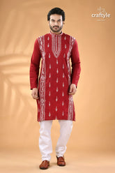 Vivid burgundy kantha work cotton mens kurta panjabi men’s red embroidered kurta white 1