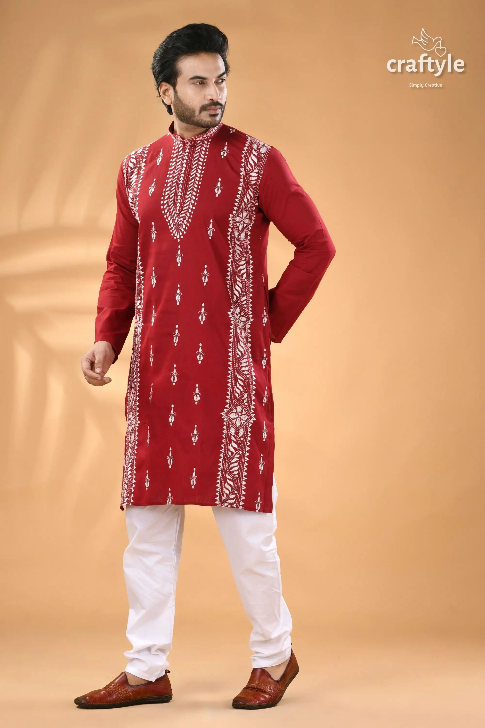 Vivid burgundy kantha work cotton mens kurta panjabi men’s red embroidered kurta white 4