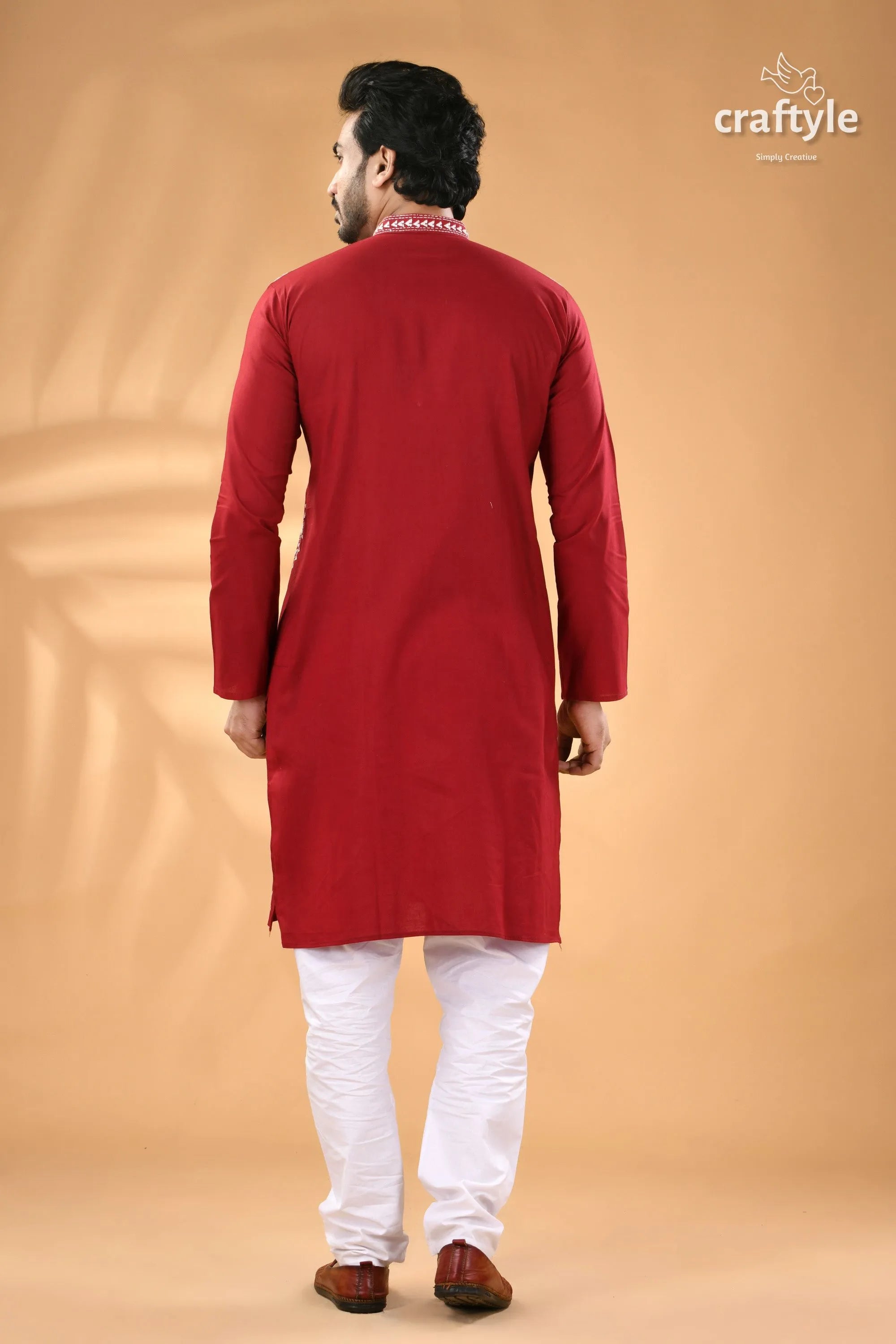 Vivid burgundy kantha work cotton mens kurta panjabi men’s red long-sleeved kurta white 6