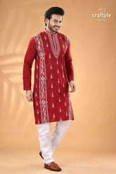 Vivid burgundy kantha work cotton mens kurta panjabi men’s red embroidered kurta white 3