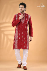 Vivid burgundy kantha work cotton mens kurta panjabi men’s red embroidered kurta white 5