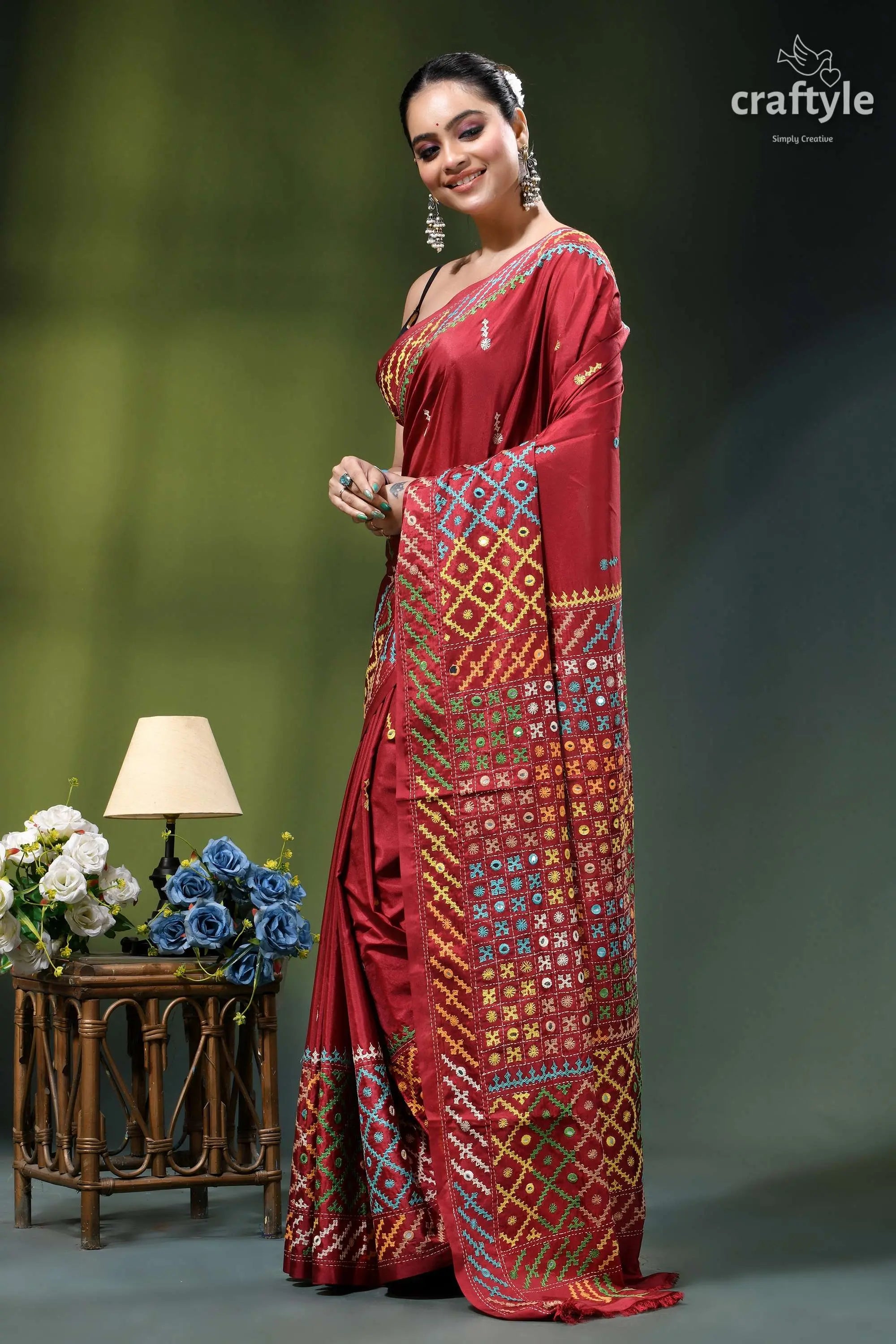 Vivid burgundy multicolor gujrati stitched silk saree - mirror work rich maroon silk saree adorned 2