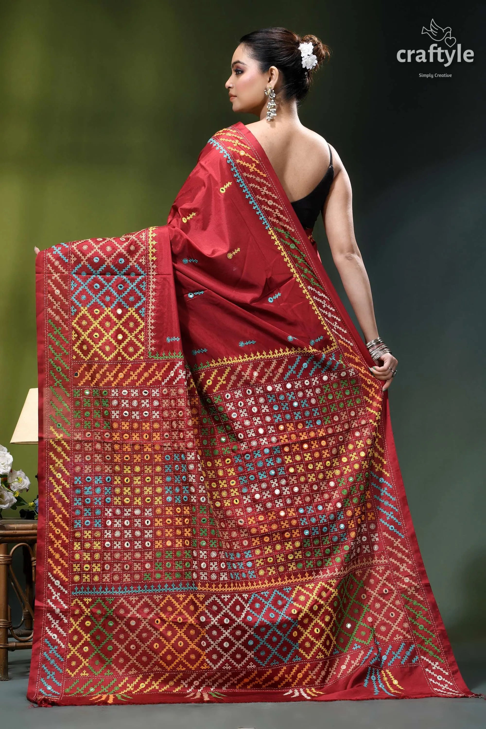 Vivid burgundy multicolor gujrati stitched silk saree - mirror work rich red banarasi saree adorned 4