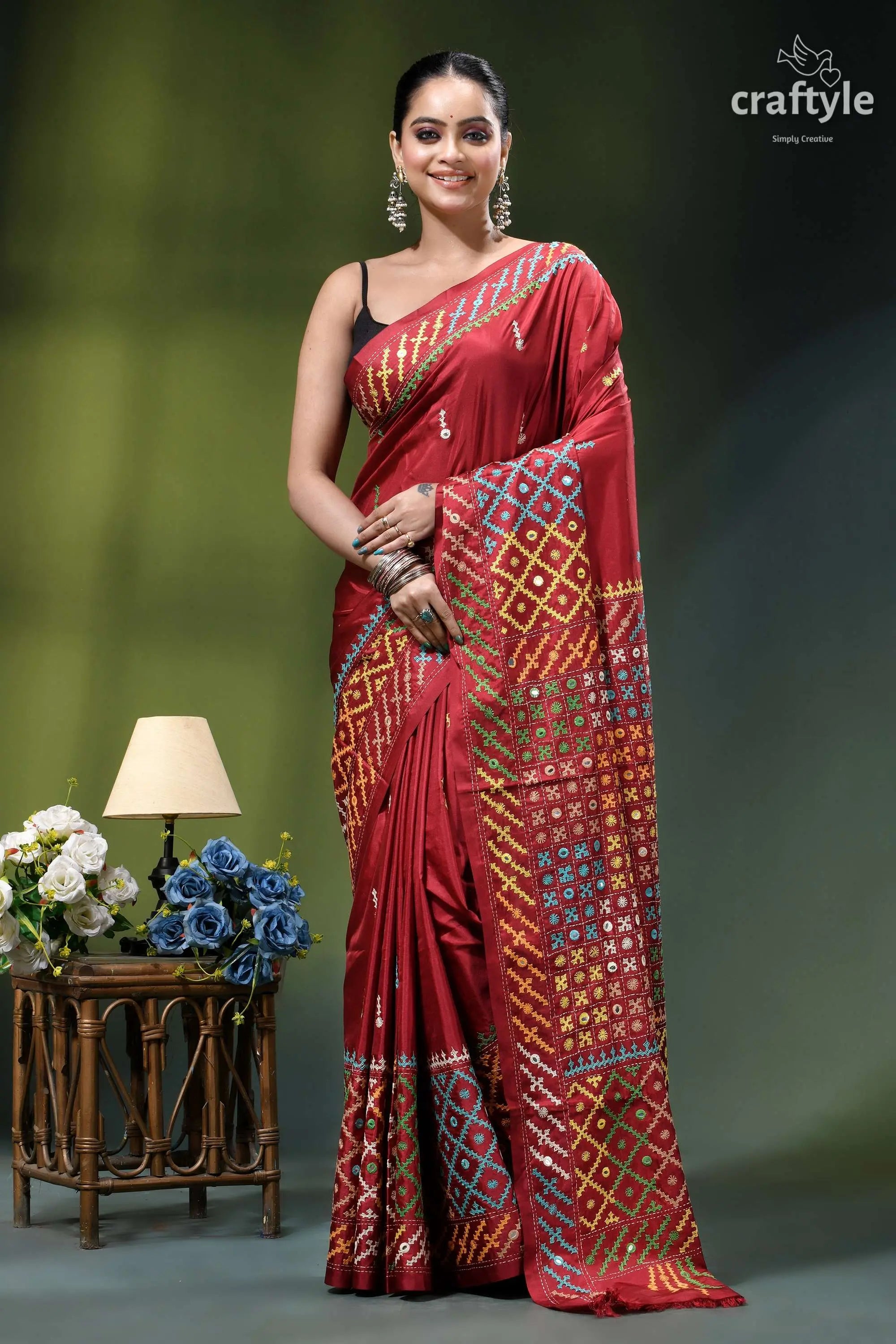 Vivid burgundy multicolor gujrati stitched silk saree - mirror work vibrant red saree intricate geometric 1