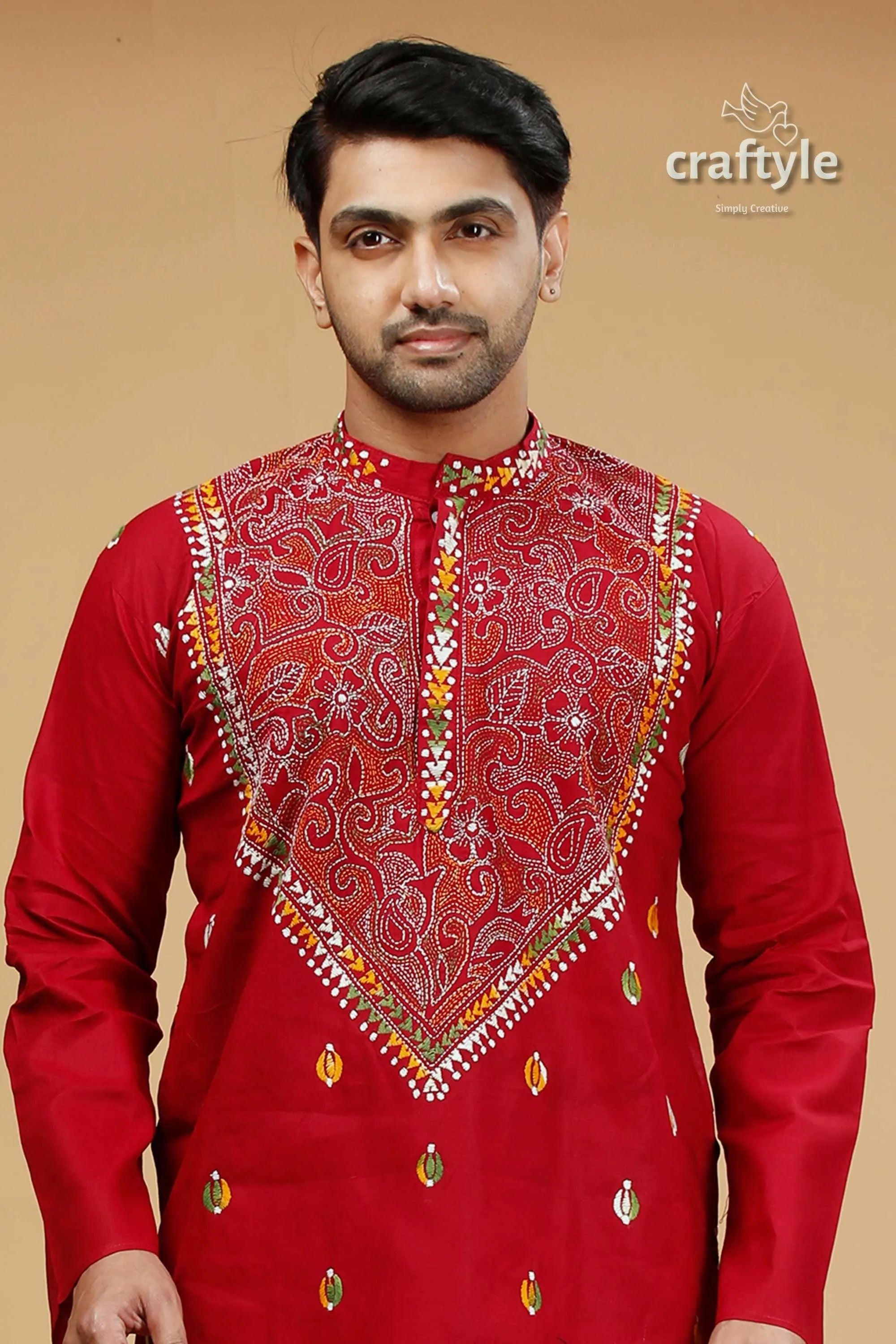 Vivid burgundy red multicolor kantha stitch gents kurta embroidered 2