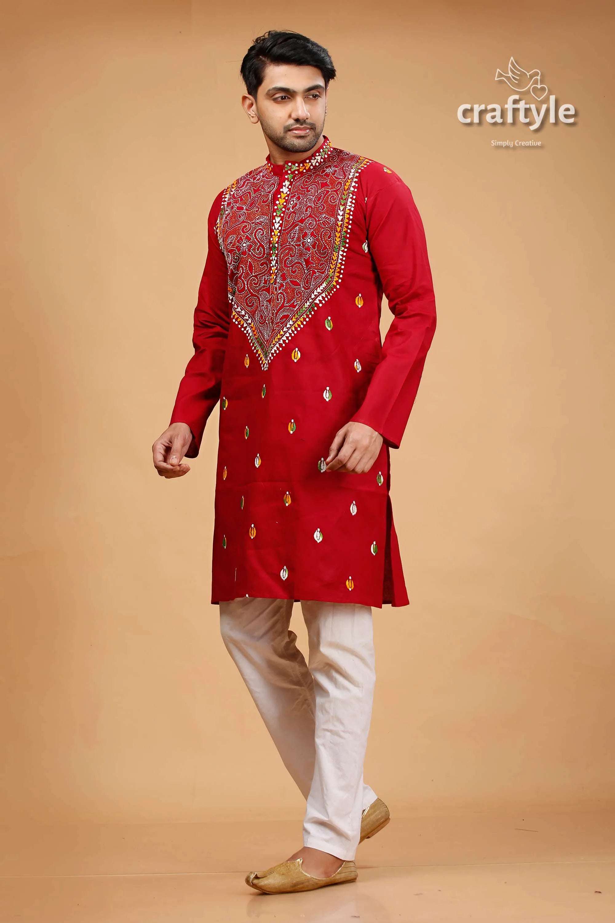 Vivid burgundy red multicolor kantha stitch gents kurta embroidered white pants 3