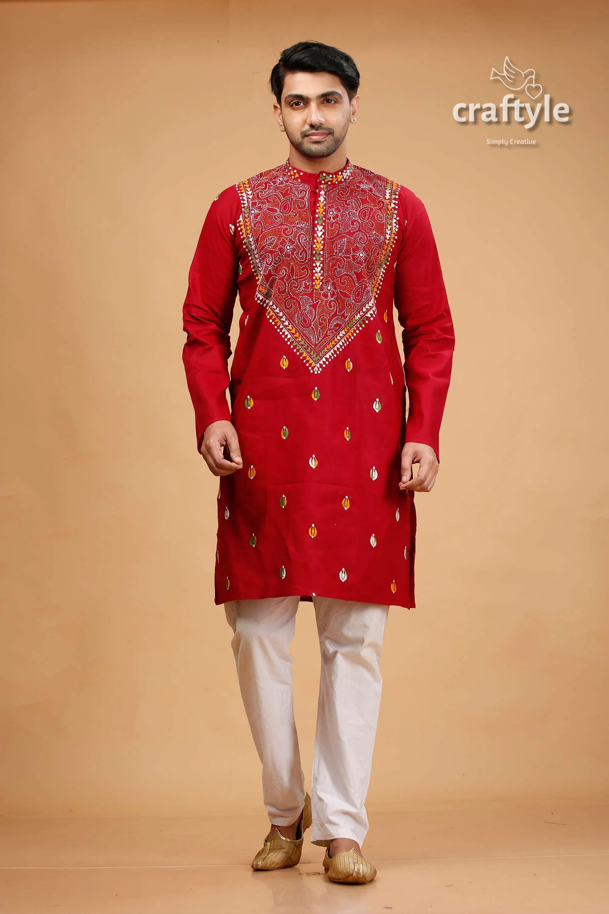 Vivid burgundy red multicolor kantha stitch gents kurta pajama set 1