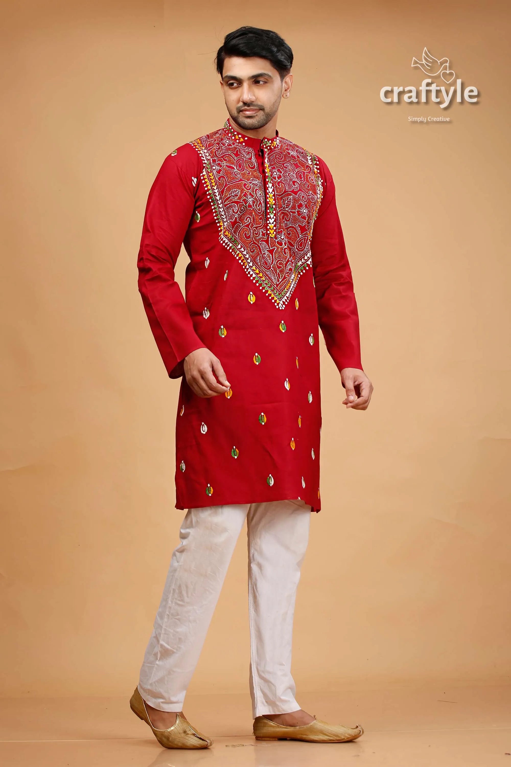 Vivid burgundy red multicolor kantha stitch gents kurta embroidered white pants 4