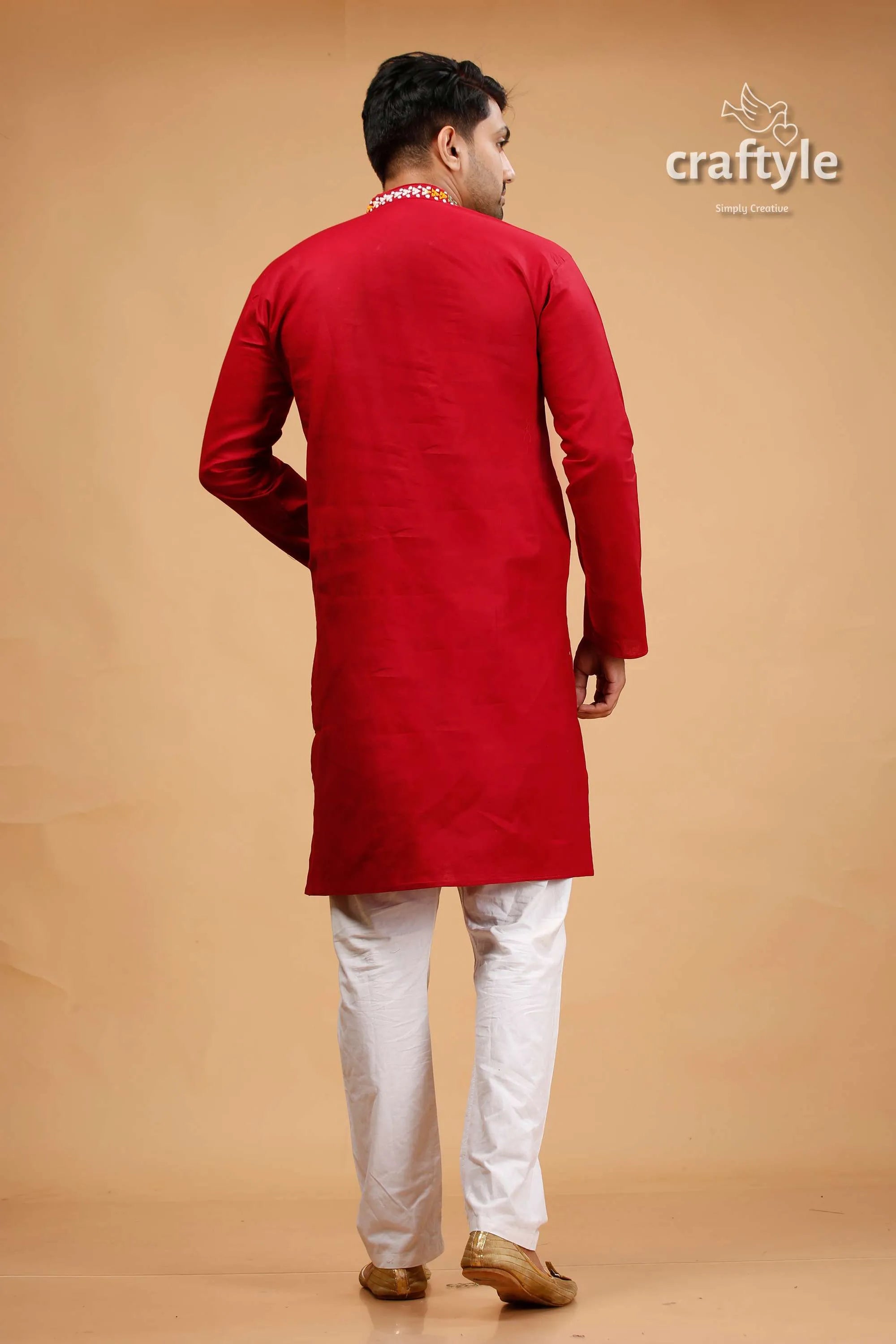 Vivid burgundy red multicolor kantha stitch gents kurta white pants 5
