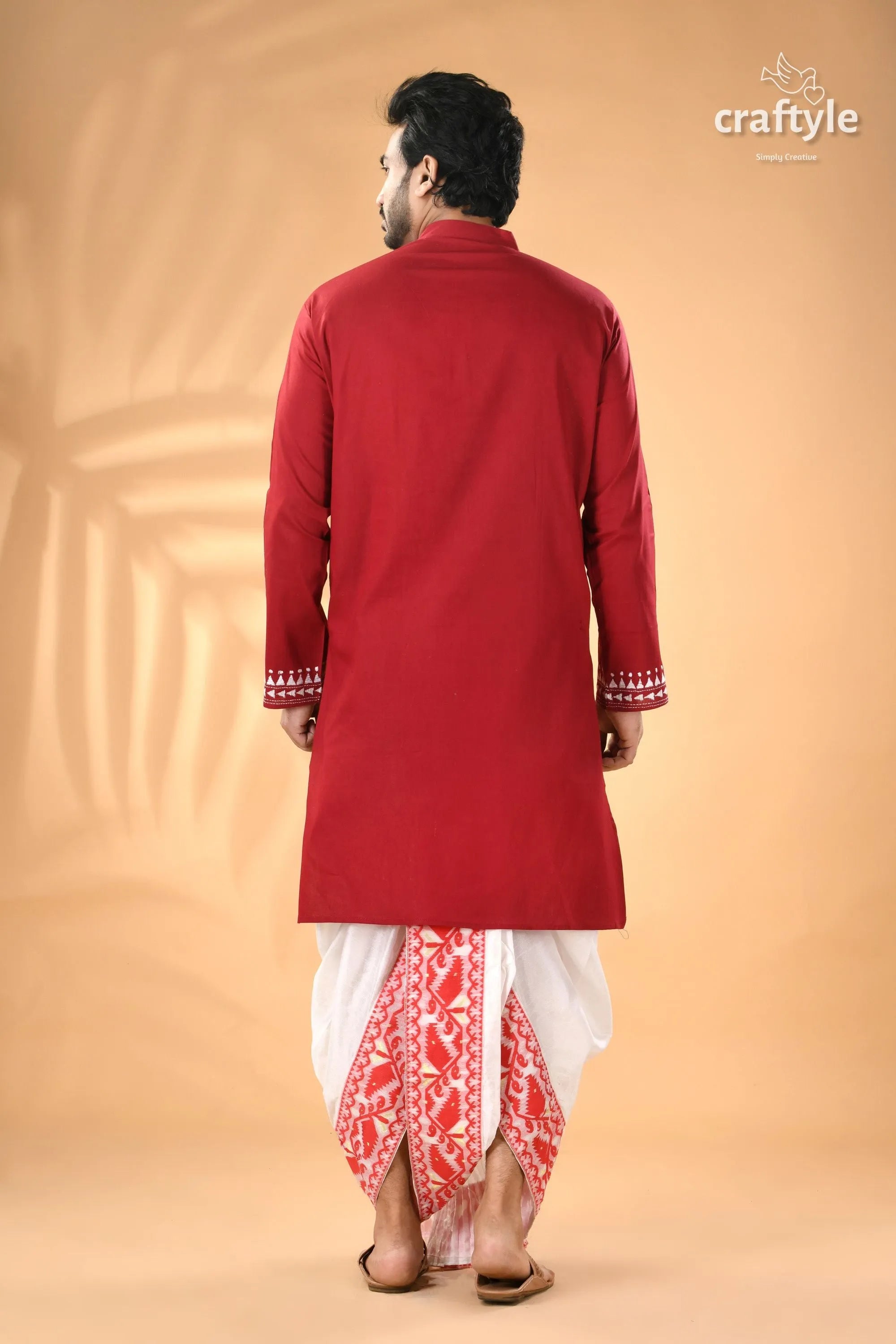 Vivid burgundy white thread kantha work cotton men’s kurta red long-sleeved 6