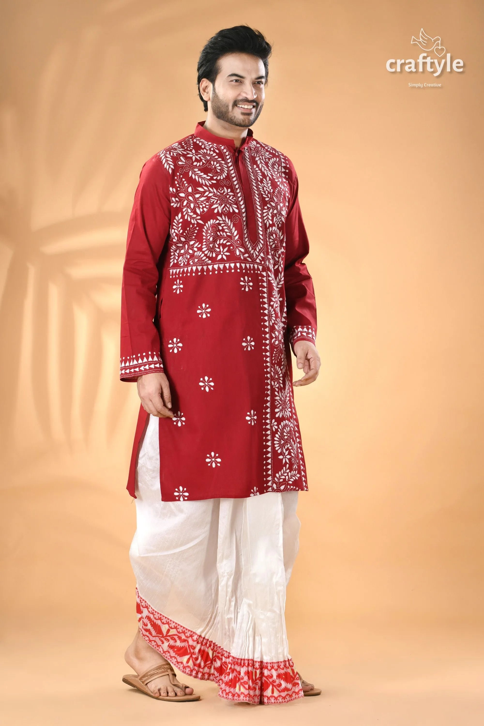 Vivid burgundy white thread kantha work cotton men’s kurta red embroidered 3